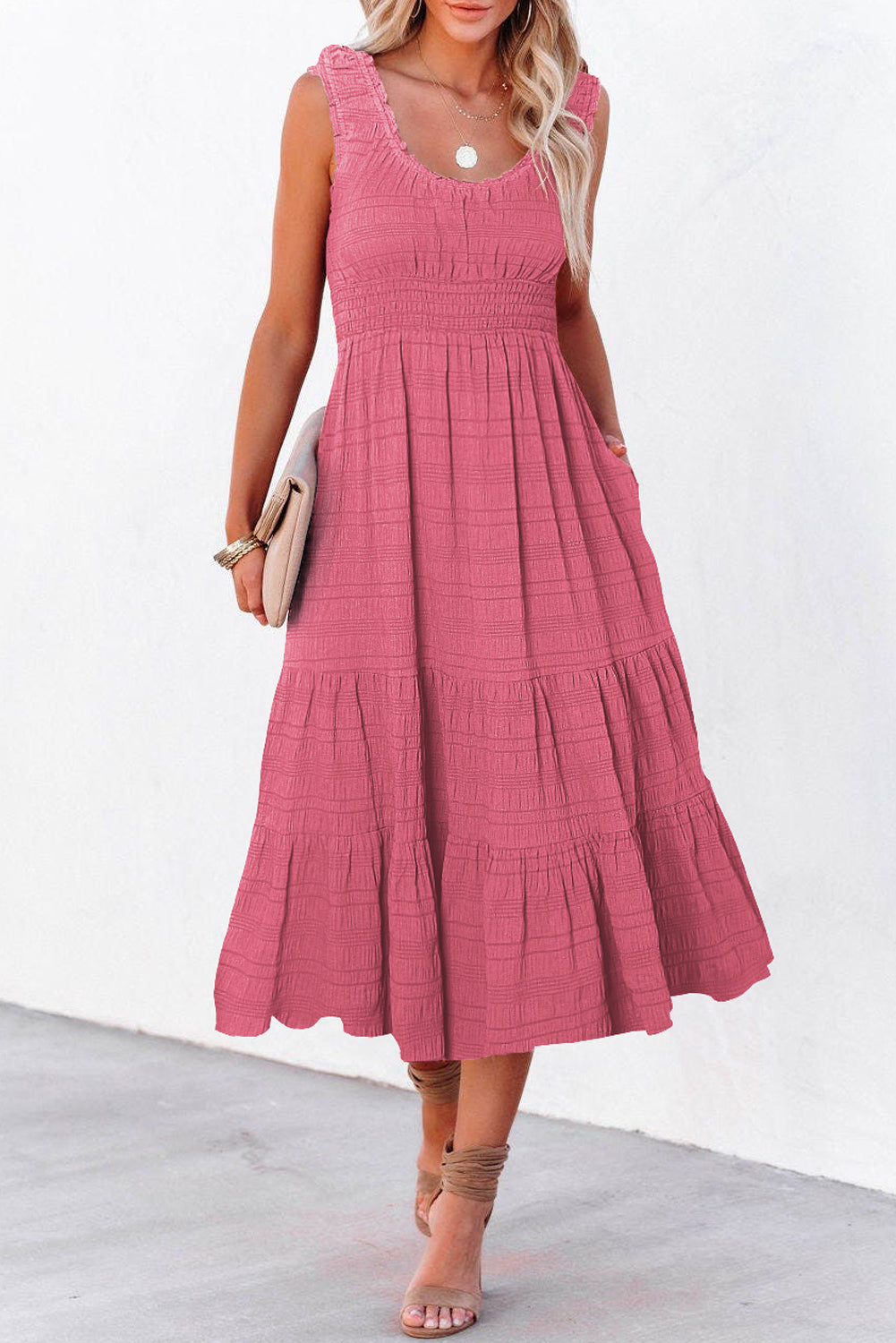 Rose Shirred Pleated Square Neck Midi Dress