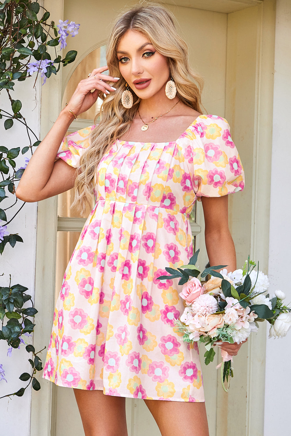Rose Floral Square Neck Pleated Midi Dress