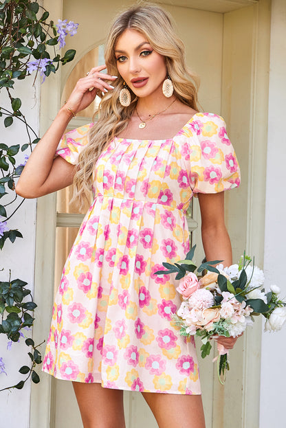 Rose Floral Square Neck Pleated Midi Dress
