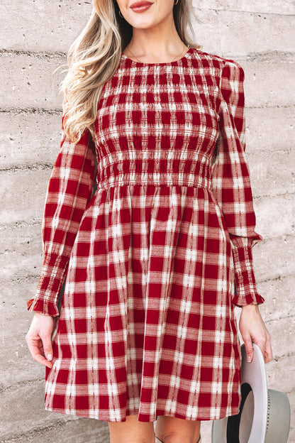 Red Plaid Smocked Puff Sleeve Mini Dress