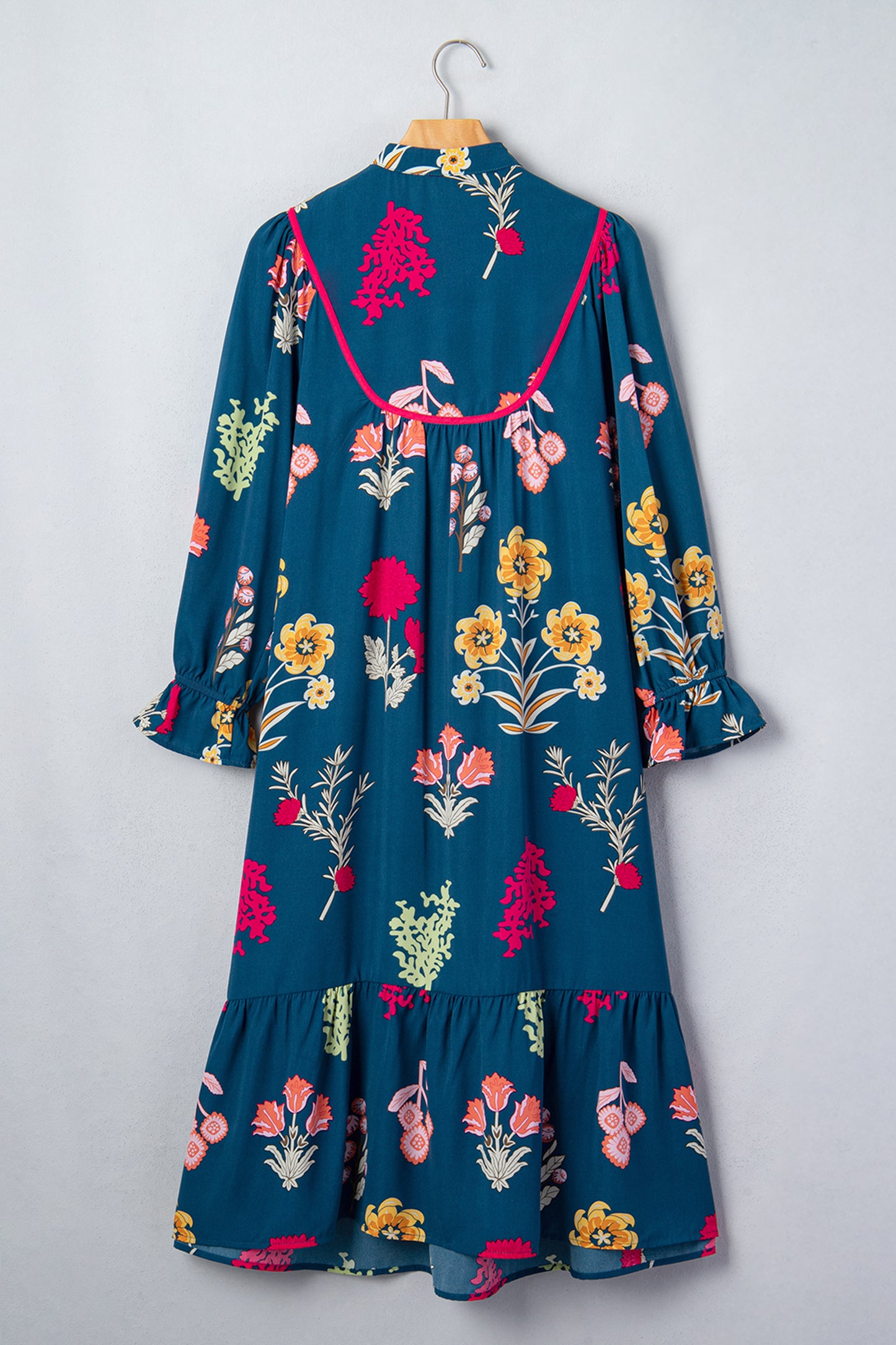 Blue Floral Gathered Neck Midi Dress