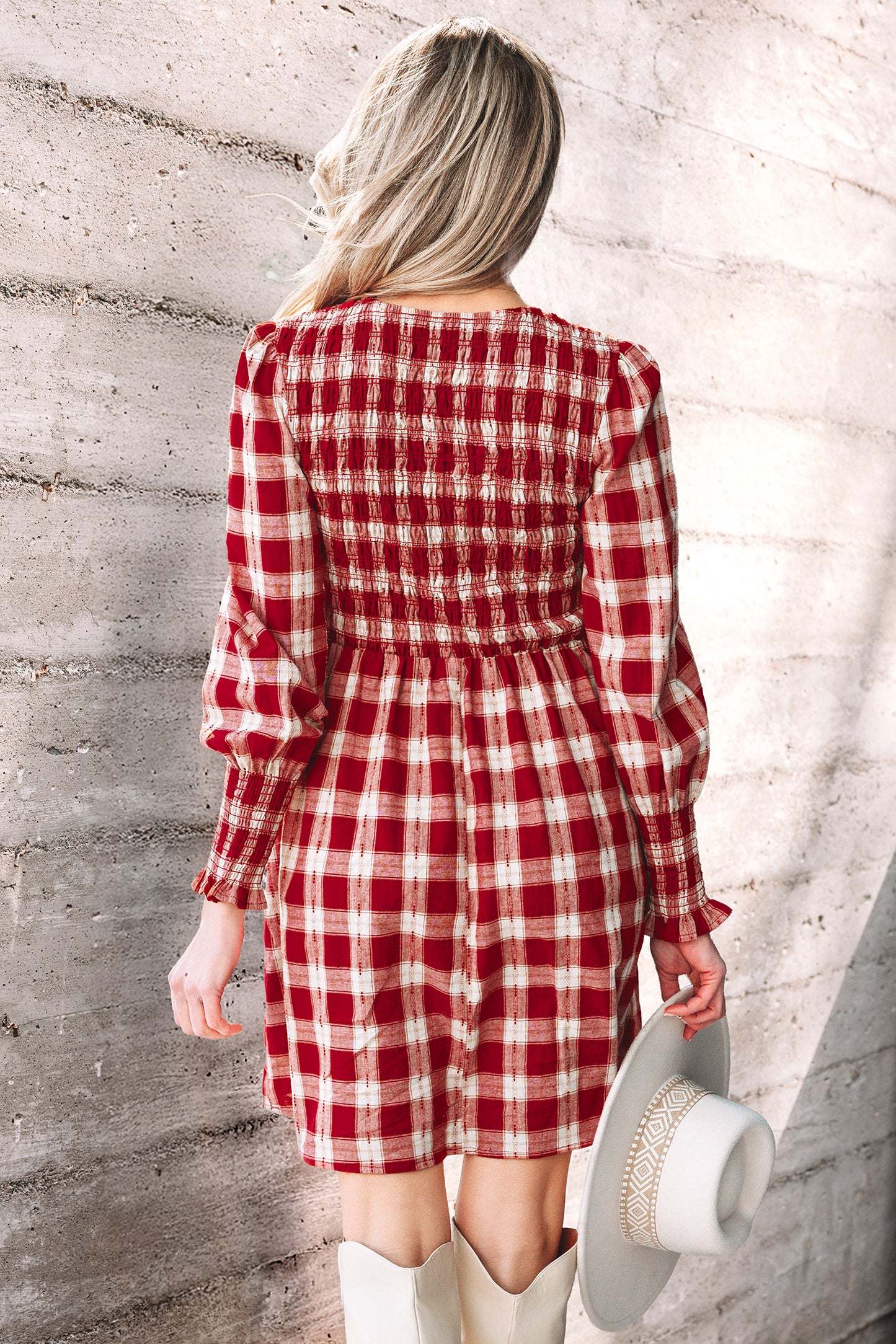 Red Plaid Smocked Puff Sleeve Mini Dress