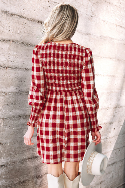 Red Plaid Smocked Puff Sleeve Mini Dress