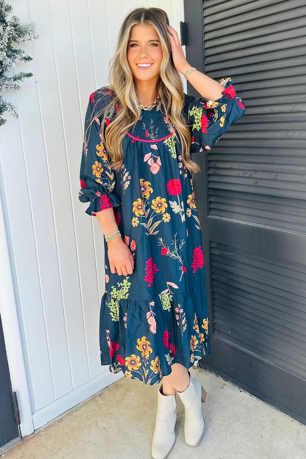 Blue Floral Gathered Neck Midi Dress