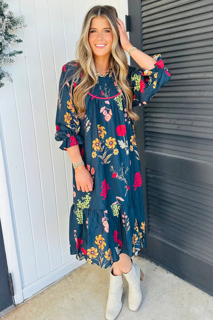 Blue Floral Gathered Neck Midi Dress