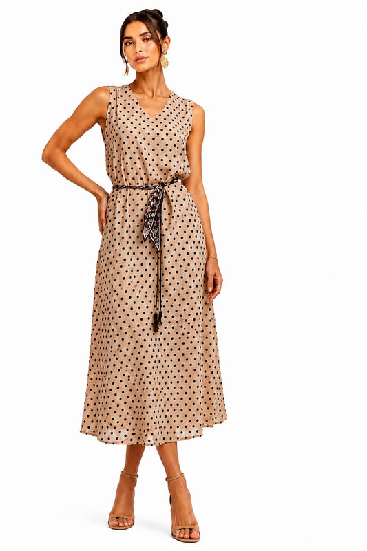 Polka Dot Belted Midi Dress