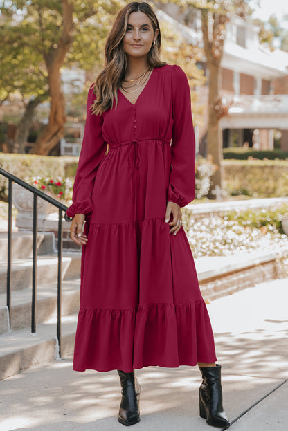 Burgundy Button V-Neck Tiered Maxi Dress