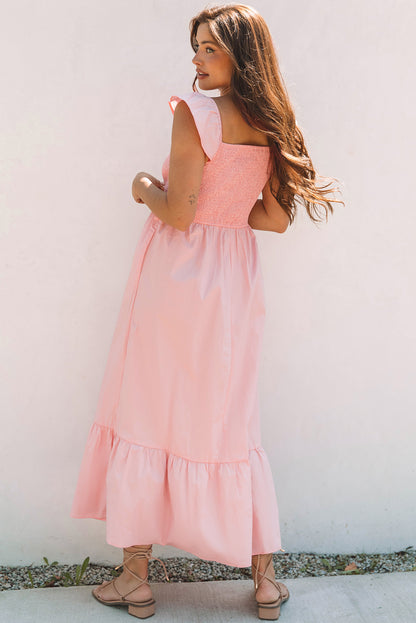 Black V-Neck Flutter Sleeve Ruffle Maxi Dress