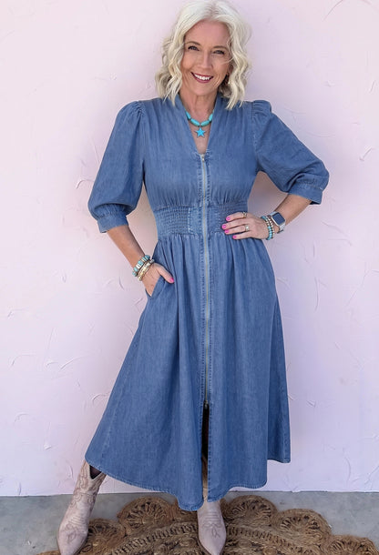 Blue Zip Front Denim Midi Dress