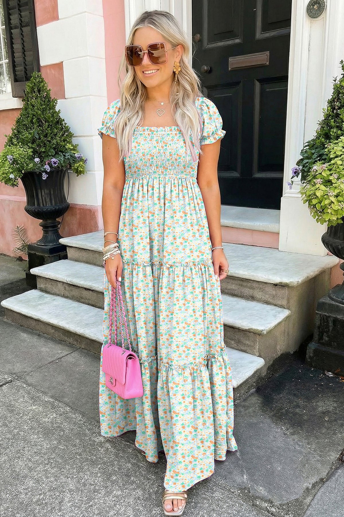 Pink Floral Shirred High Waist Maxi Dress