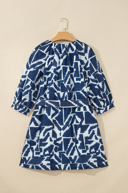 Blue Abstract Zip Front Tie Waist Dress