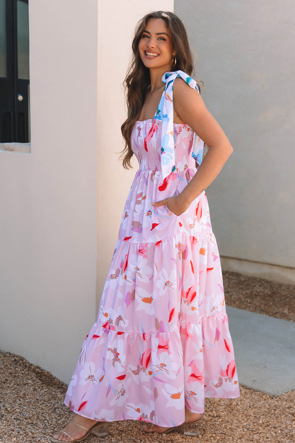 Floral Knotted Strap Tiered Maxi Dress