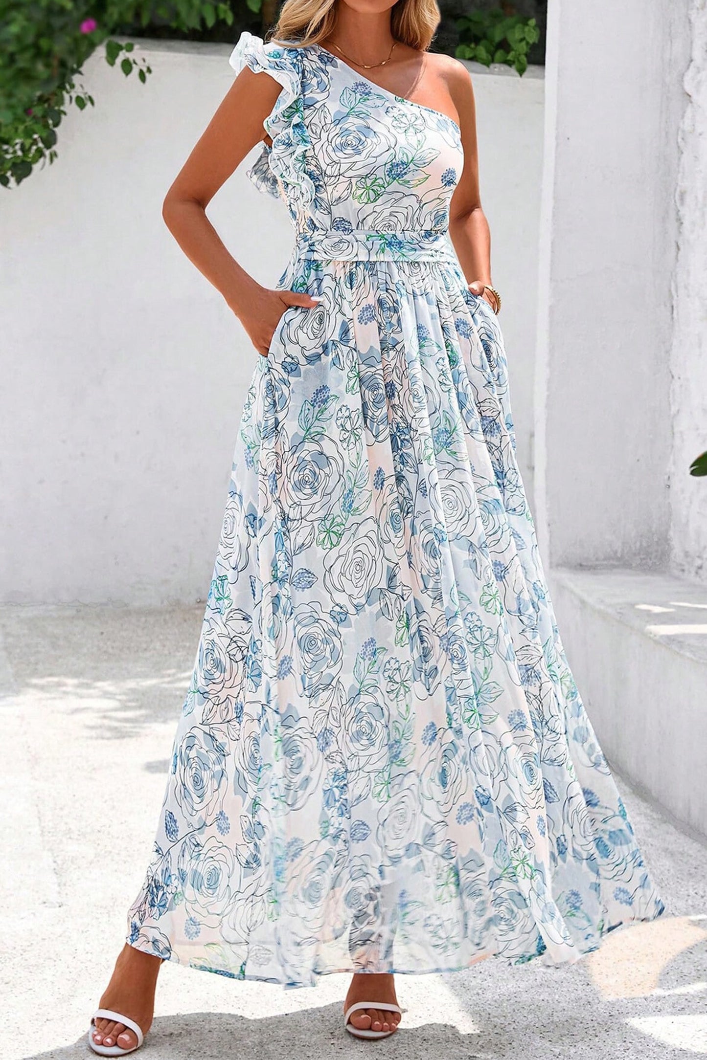 Sky Blue Floral One-Shoulder Ruffle Maxi Dress