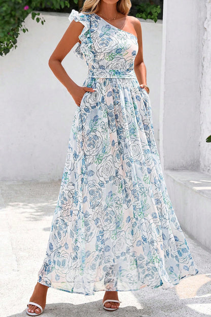 Sky Blue Floral One-Shoulder Ruffle Maxi Dress