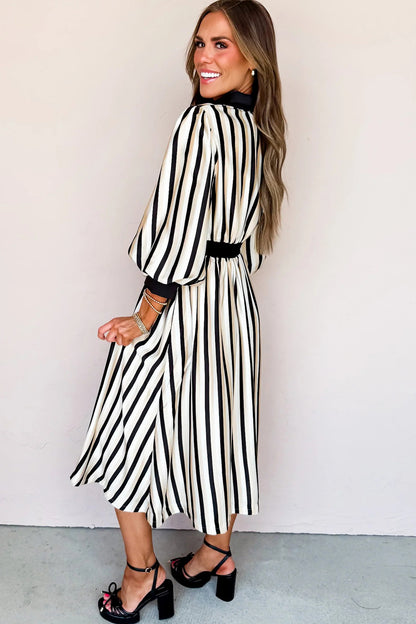 Black Stripe Button-Down Shirt Midi Dress