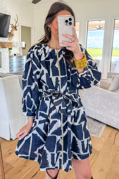 Blue Abstract Zip Front Tie Waist Dress