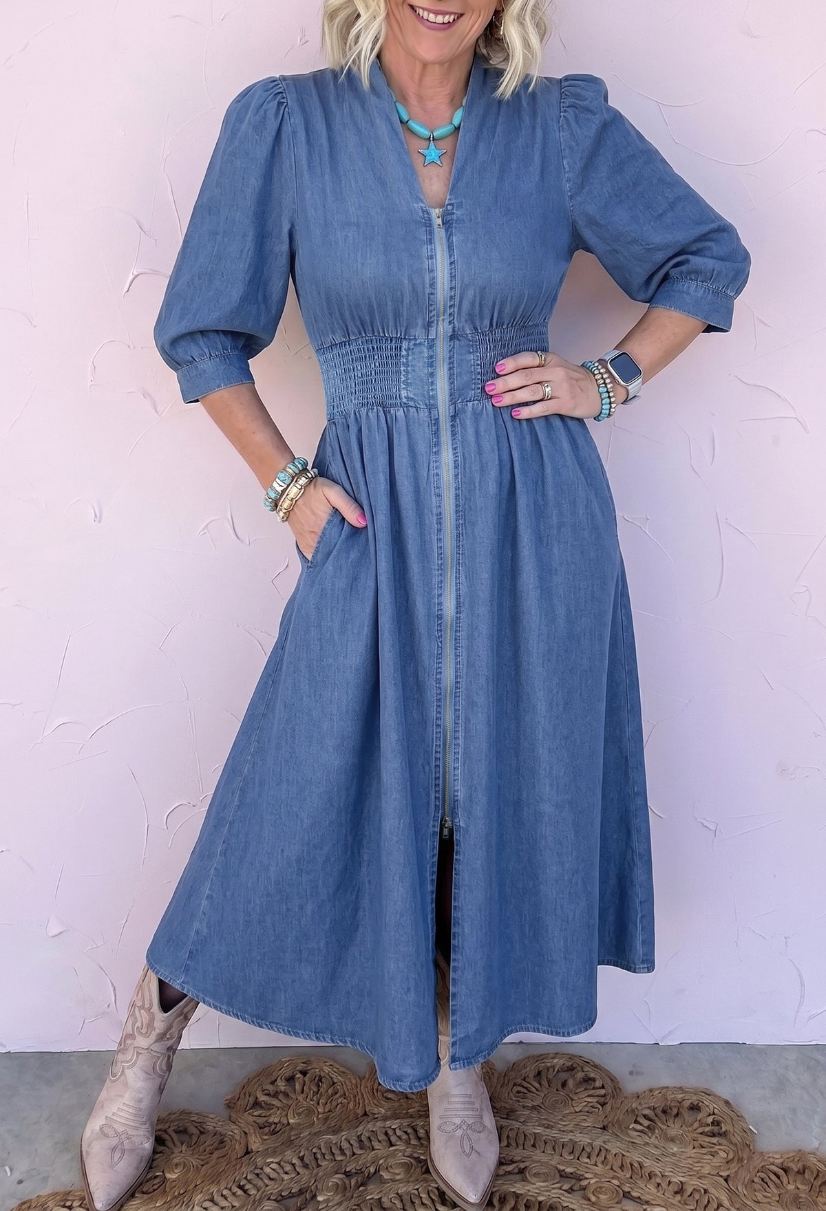 Blue Zip Front Denim Midi Dress