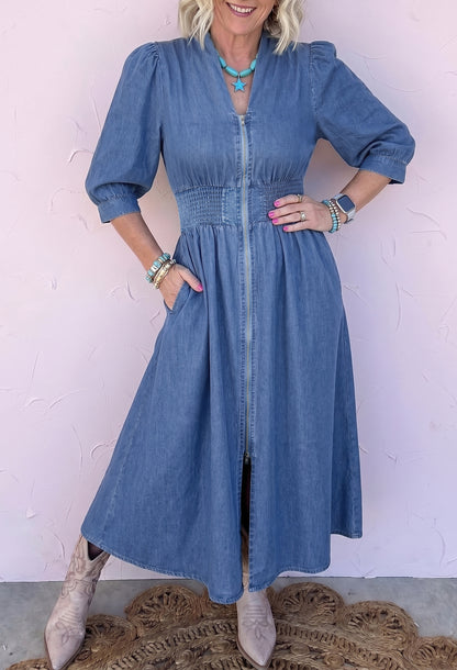 Blue Zip Front Denim Midi Dress
