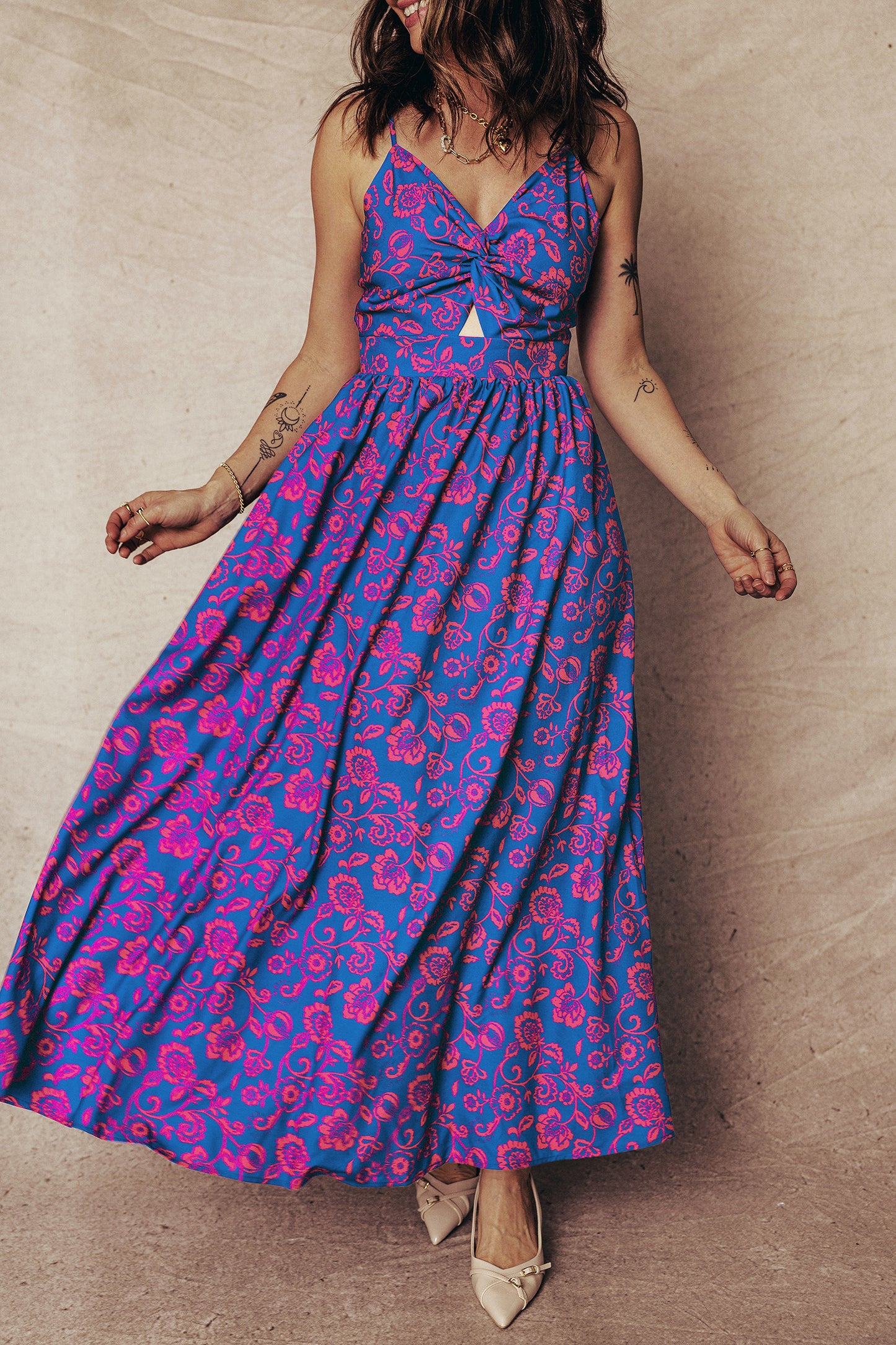 Blue Floral Twisted V-Neck Maxi Dress