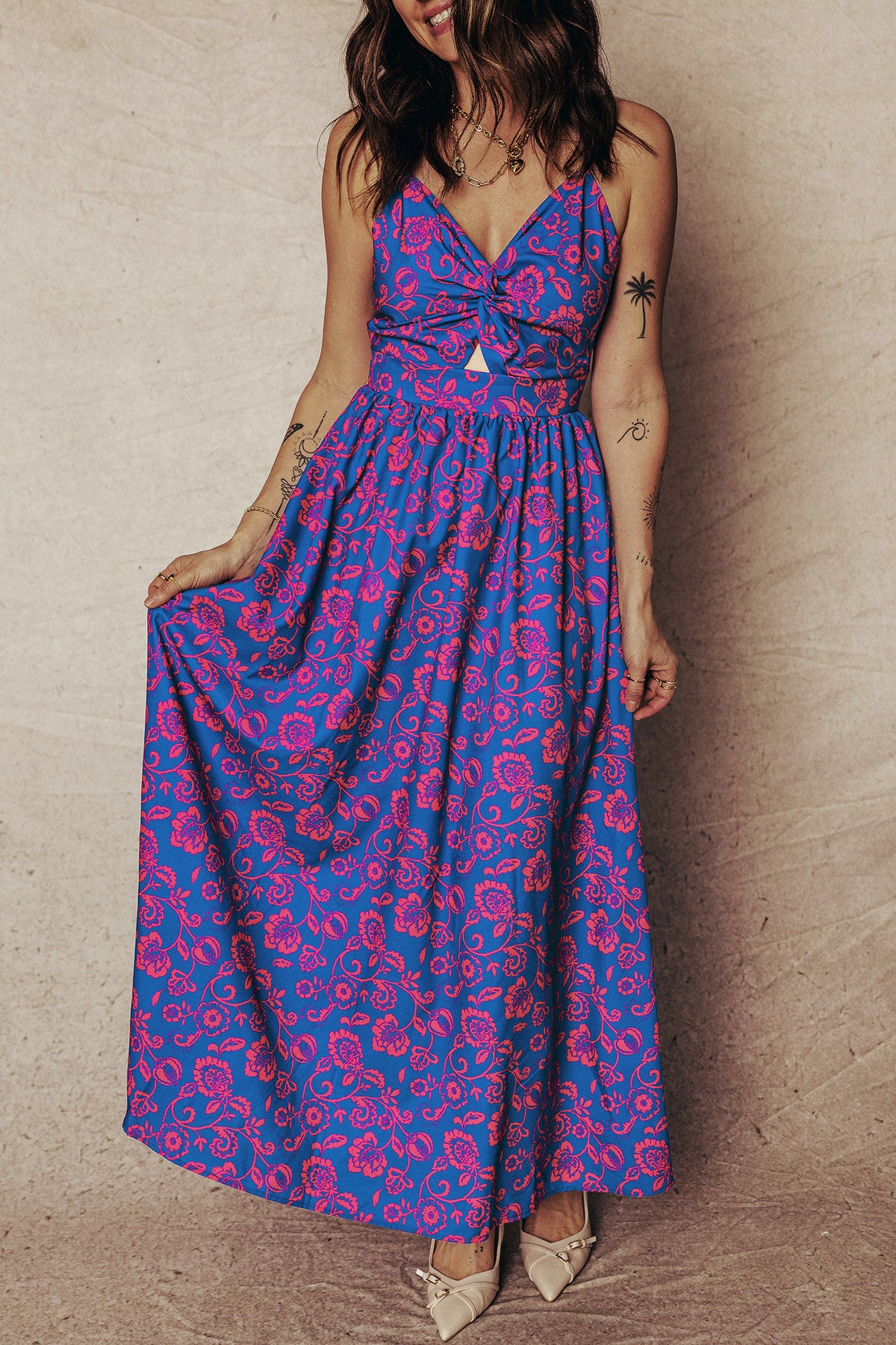 Blue Floral Twisted V-Neck Maxi Dress