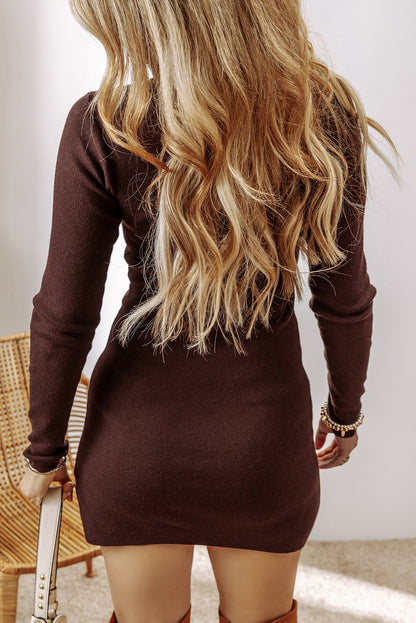 Coffee Mock Neck Side Slit Sweater Dress