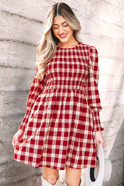 Red Plaid Smocked Puff Sleeve Mini Dress
