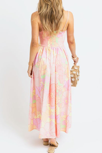 Pink Floral Shirred High Waist Dress