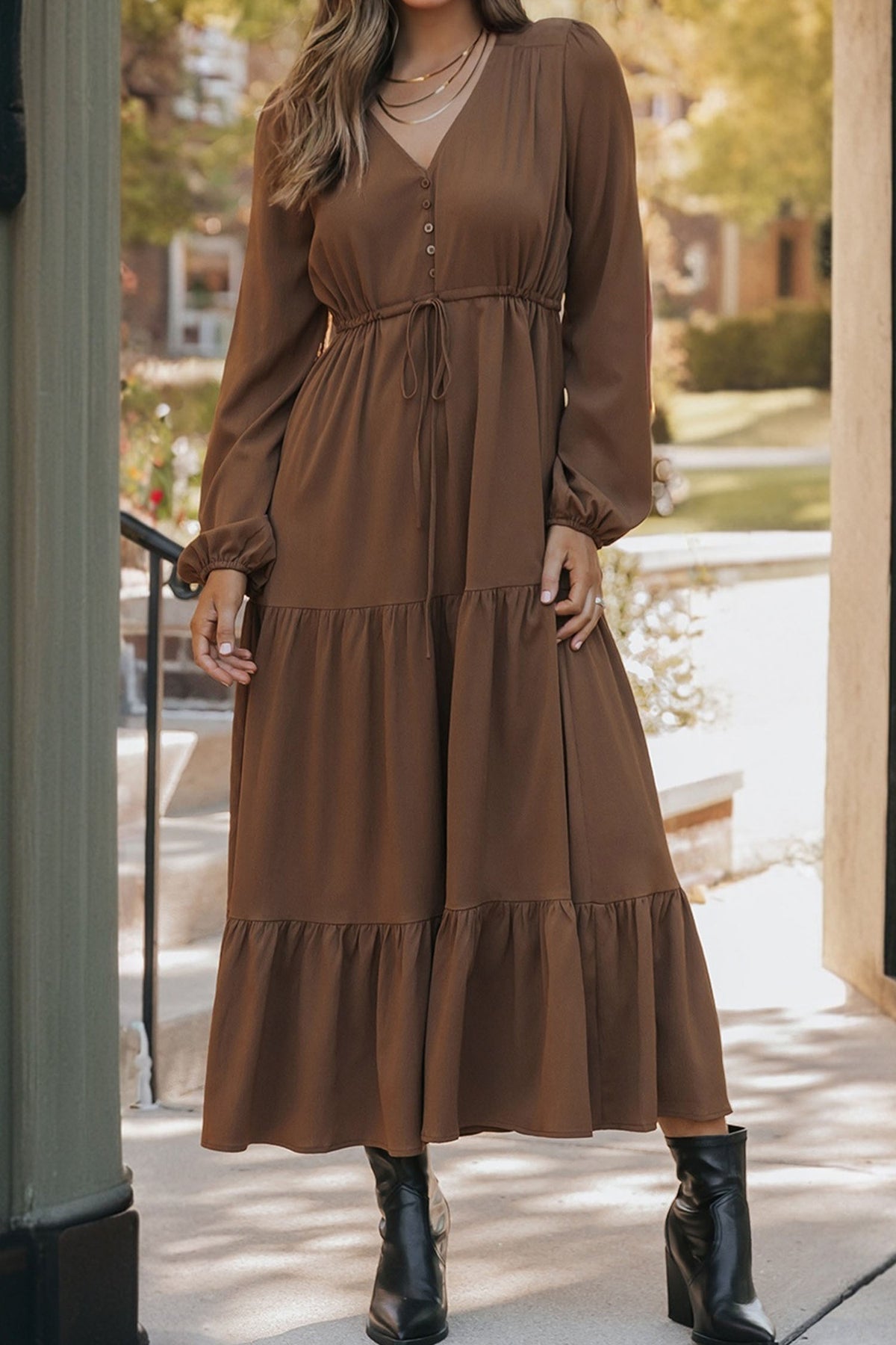 Burgundy Button V-Neck Tiered Maxi Dress