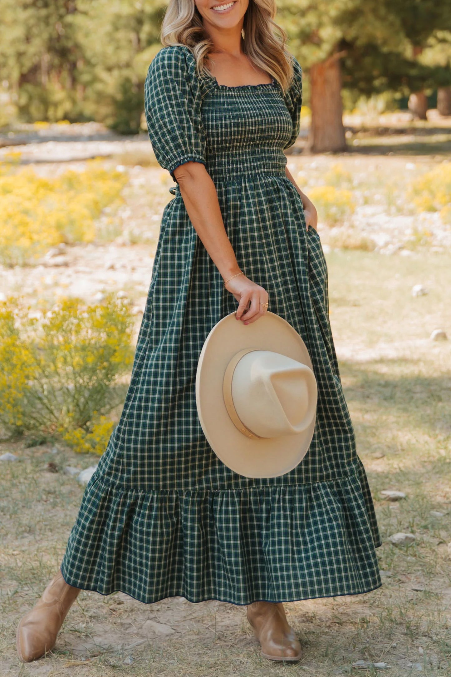 Green Plaid Shirred High Waist Dress