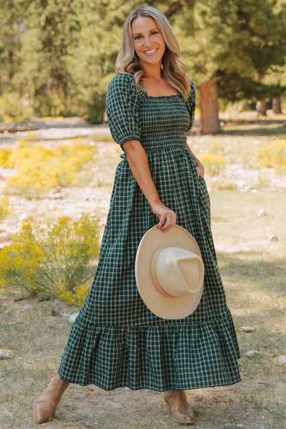 Green Plaid Shirred High Waist Dress