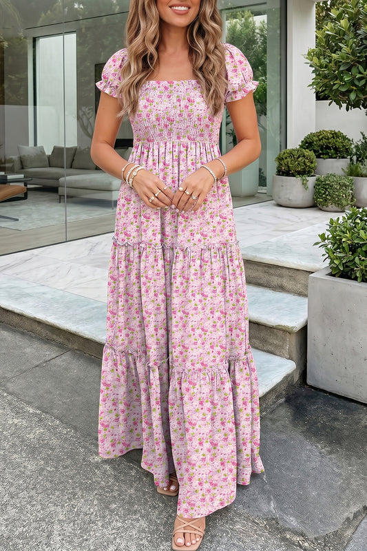 Pink Floral Shirred High Waist Maxi Dress