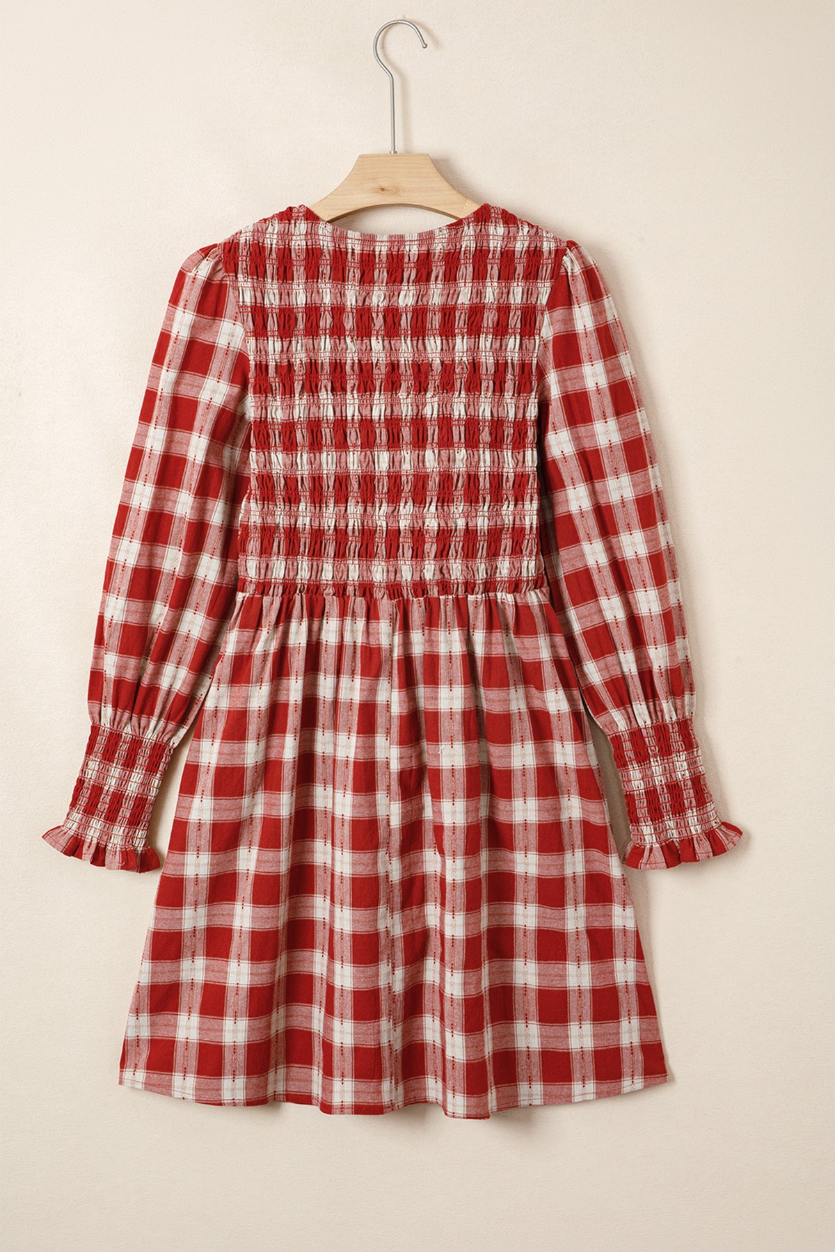 Red Plaid Smocked Puff Sleeve Mini Dress