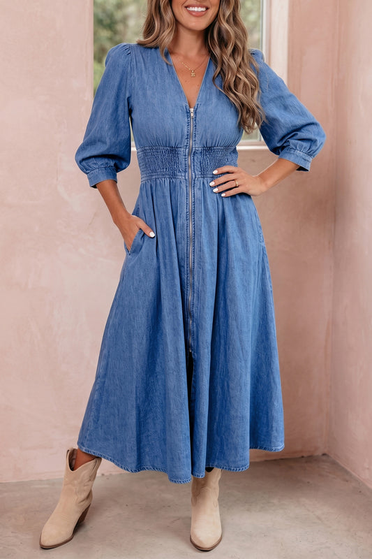 Blue Zip Front Denim Midi Dress