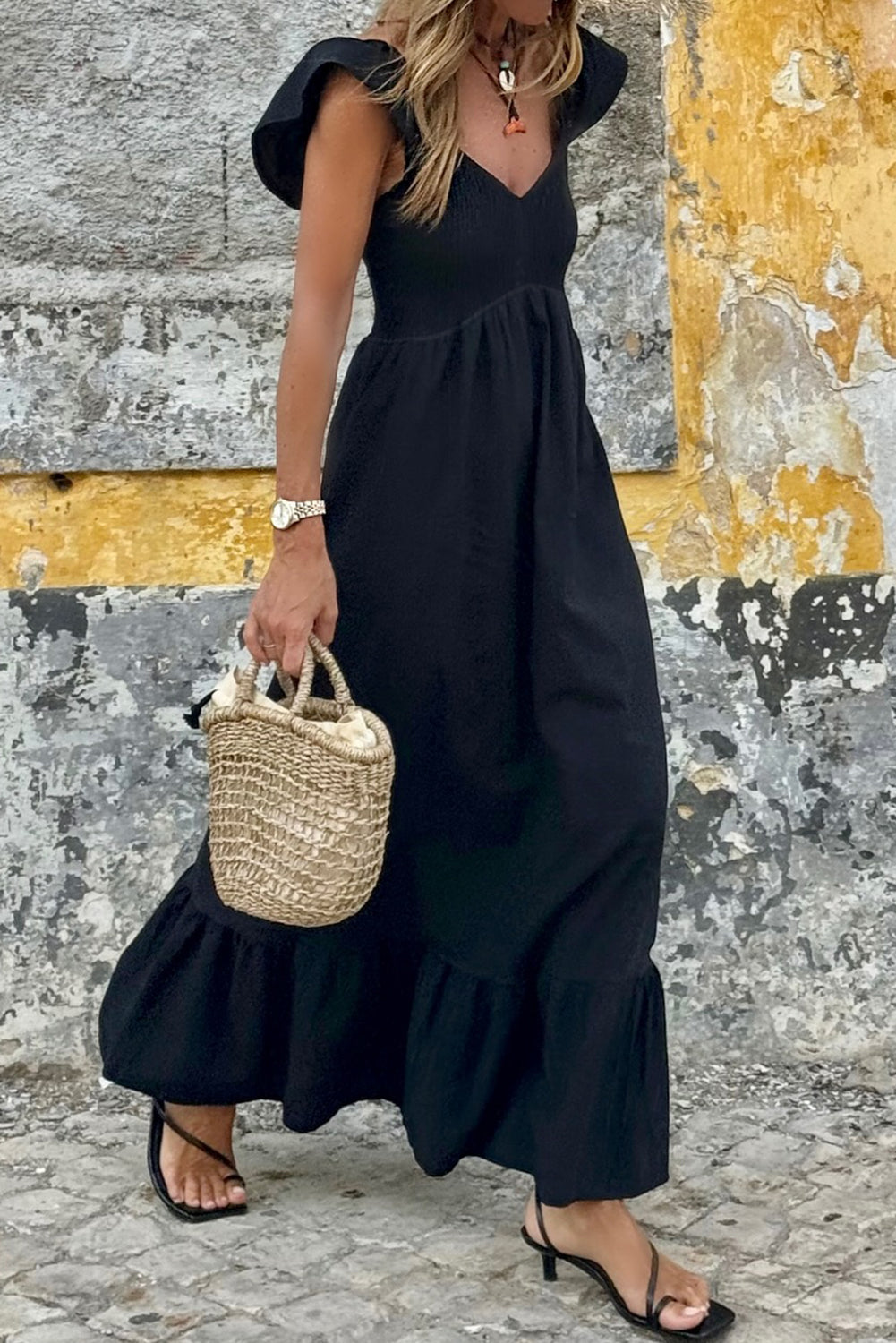 Black V-Neck Flutter Sleeve Ruffle Maxi Dress
