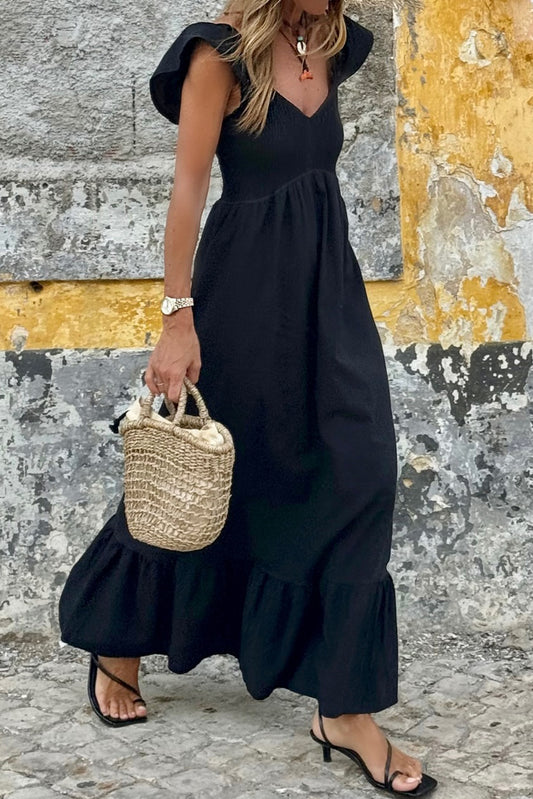 Black V-Neck Flutter Sleeve Ruffle Maxi Dress