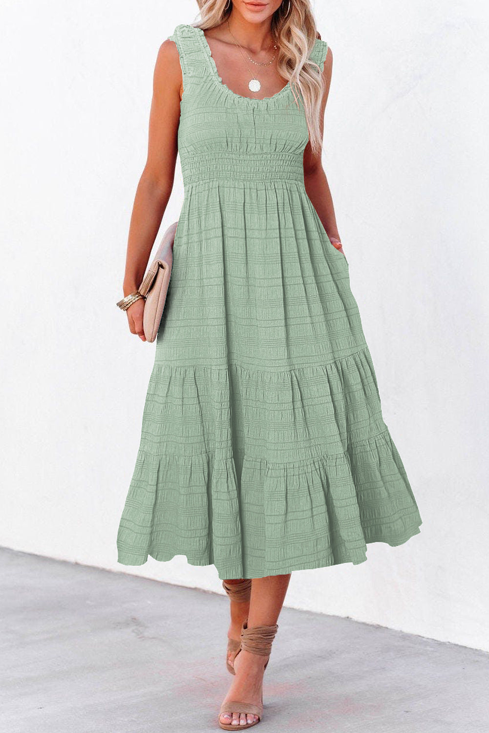 Rose Shirred Pleated Square Neck Midi Dress