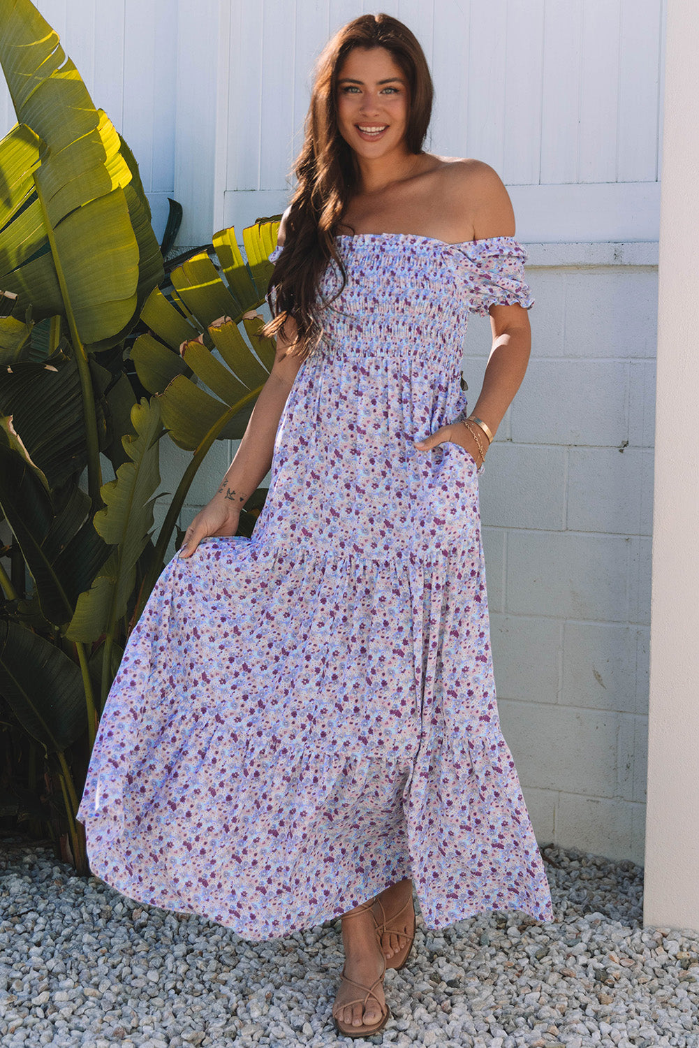 Pink Floral Shirred High Waist Maxi Dress