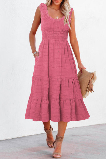Rose Shirred Pleated Square Neck Midi Dress