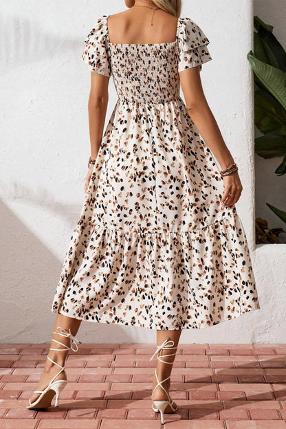 Beige Ditsy Floral Smocked Square Neck Midi Dress