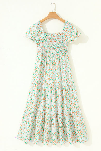 Pink Floral Shirred High Waist Maxi Dress