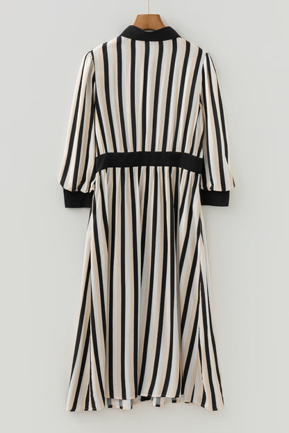 Black Stripe Button-Down Shirt Midi Dress