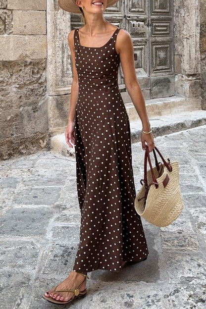 Brown Polka Dot Square Neck Maxi Dress