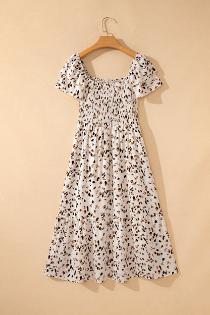 Beige Ditsy Floral Smocked Square Neck Midi Dress