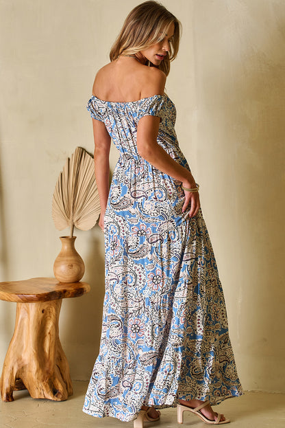 Blue Boho Paisley Off-Shoulder Maxi Dress
