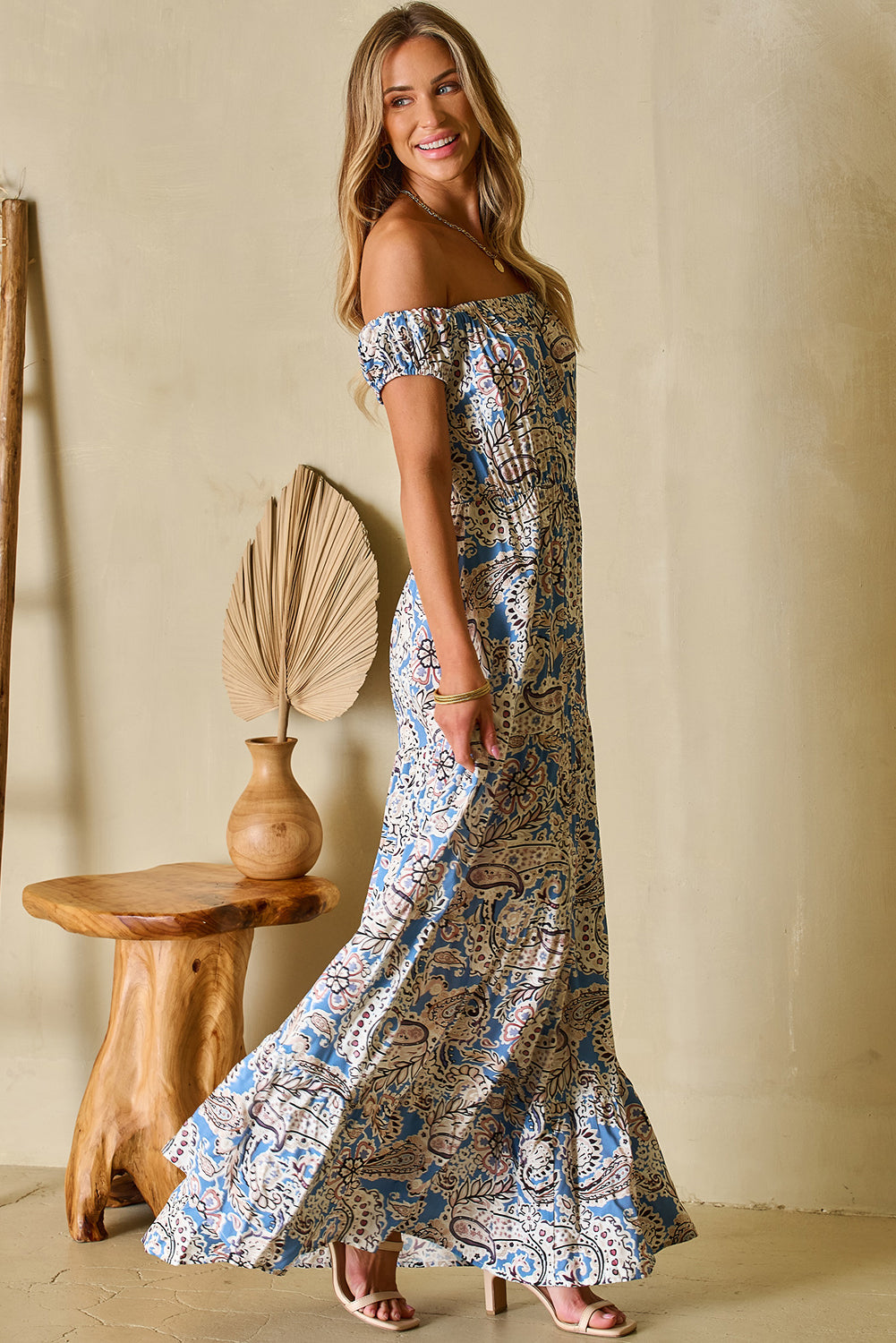 Blue Boho Paisley Off-Shoulder Maxi Dress