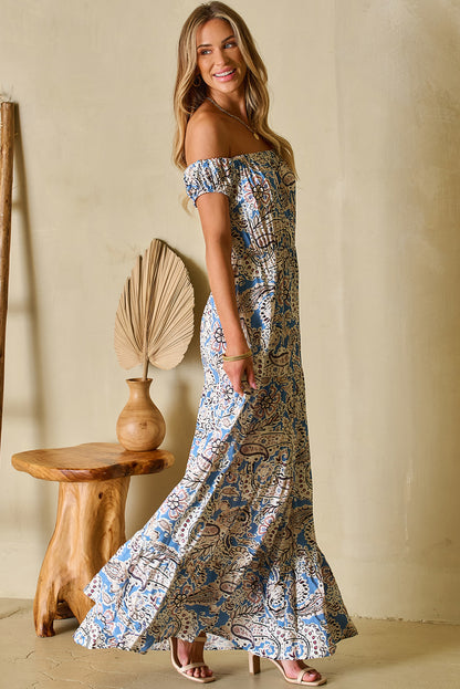 Blue Boho Paisley Off-Shoulder Maxi Dress
