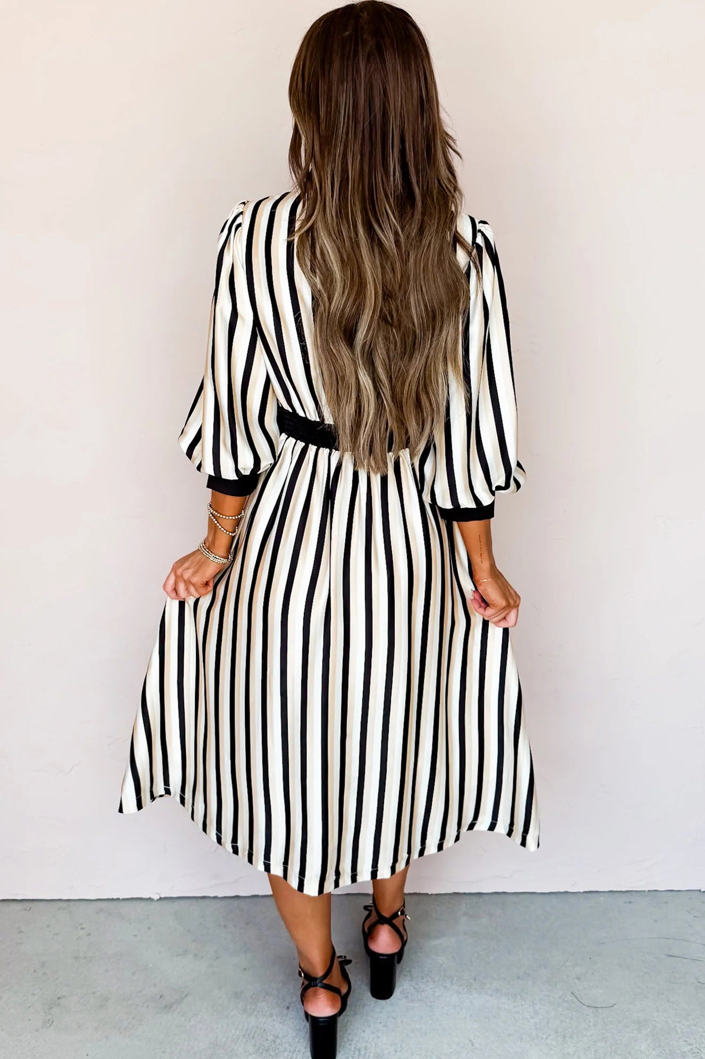 Black Stripe Button-Down Shirt Midi Dress