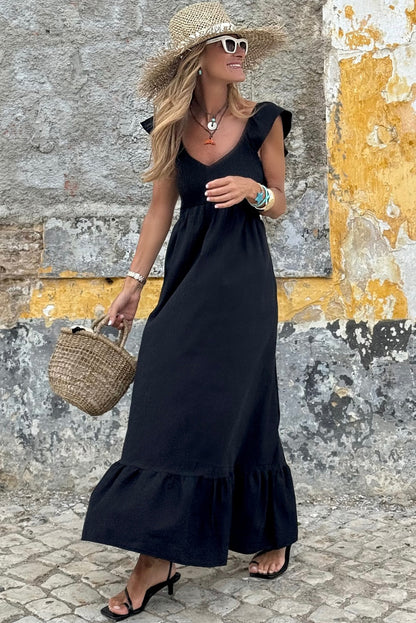Black V-Neck Flutter Sleeve Ruffle Maxi Dress