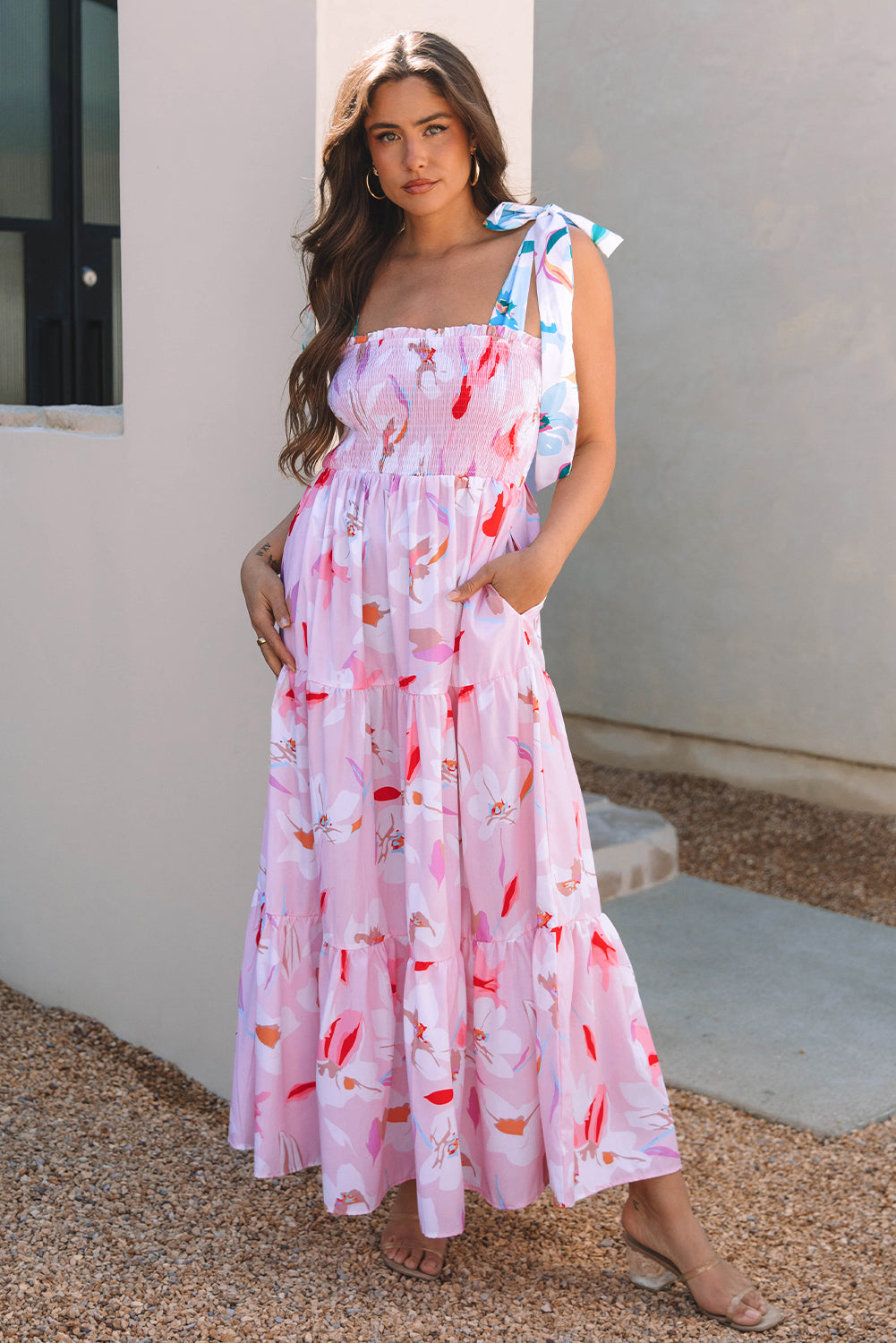 Floral Knotted Strap Tiered Maxi Dress